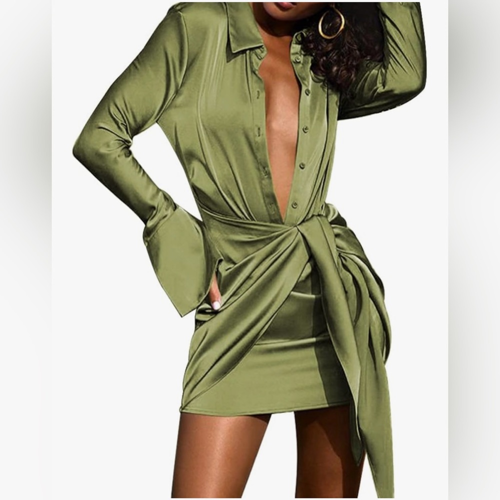 Stylish Olive Green Satin Dress